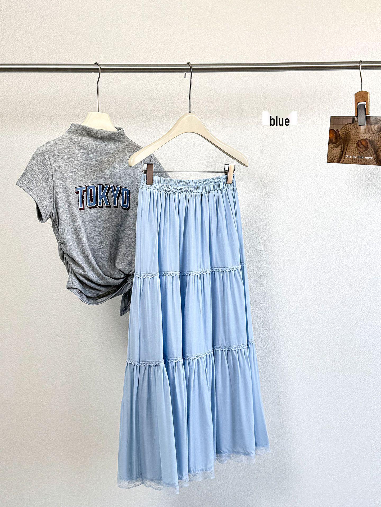 White Fairy Lace Hem Midi Skirt - Spring/Summer 2026 Petite High Waist A-line Long Skirt One Size синий