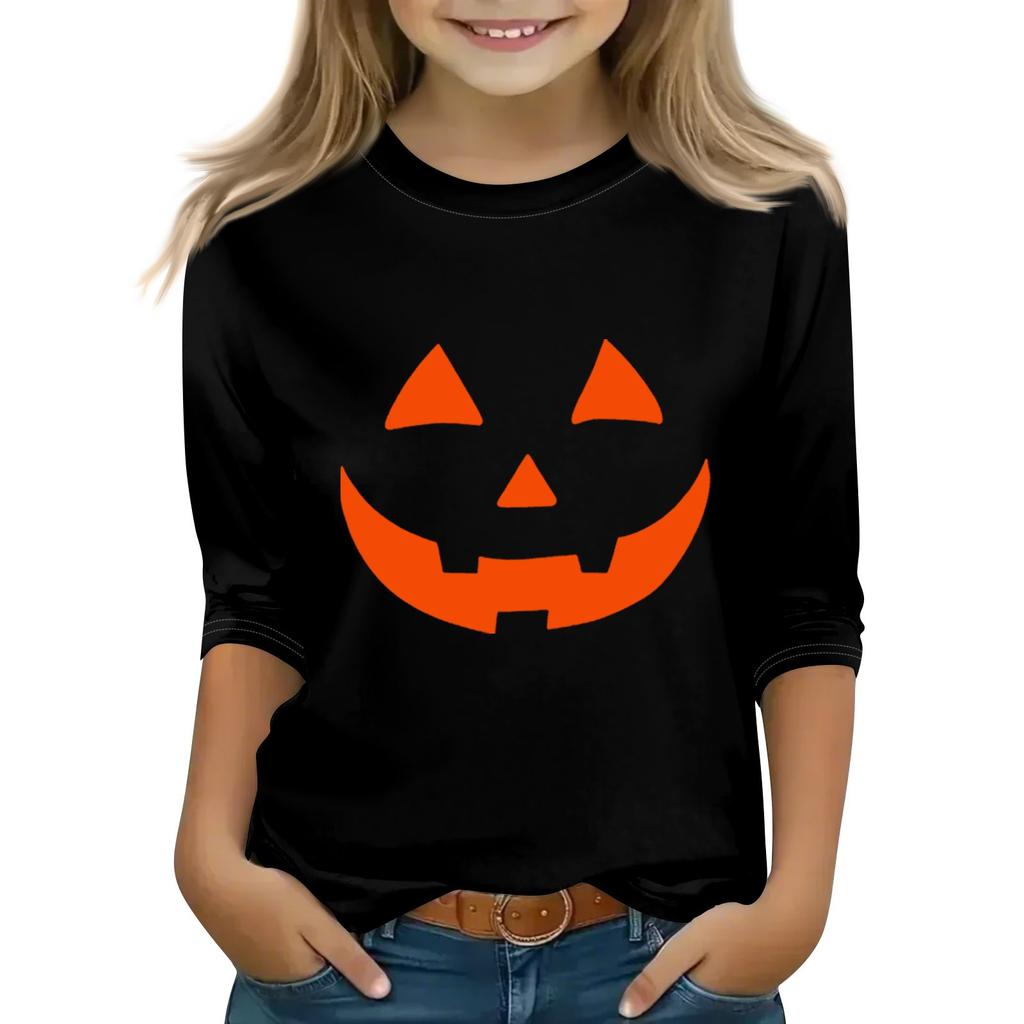 Print Tops For Youth Girls Round Neck 3/4 Sleeves T-Shirts Trendy Tops Outfit Tees