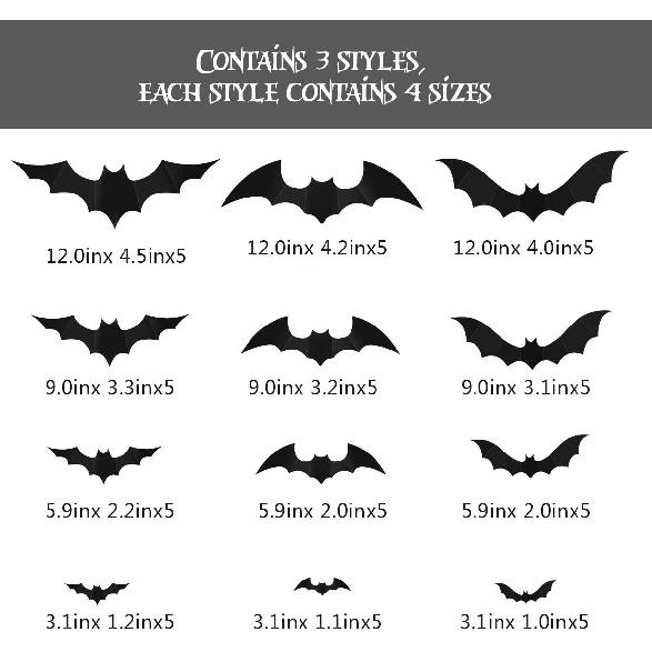 Coogam Halloween 3D Bats Decoration, 60PCS 4 Sizes Realistic PVC Scary Bats Window Decal Wall Stickers for DIY Home Bathroom Indoor Hallowmas