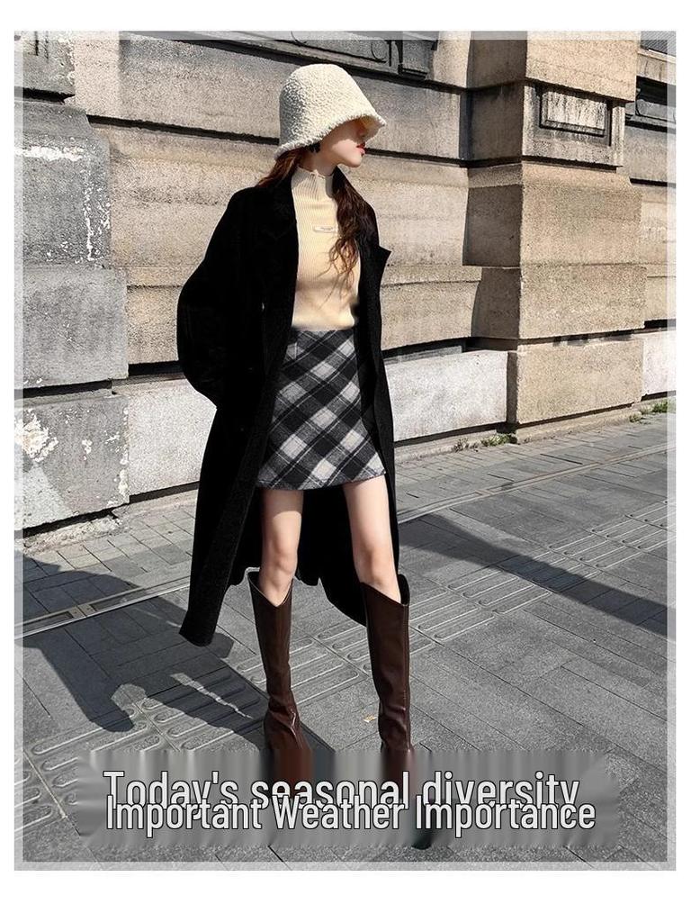 2025 Autumn/Winter Women's High-Waisted Plus Size Yellow Plaid Wool Mini Skirt