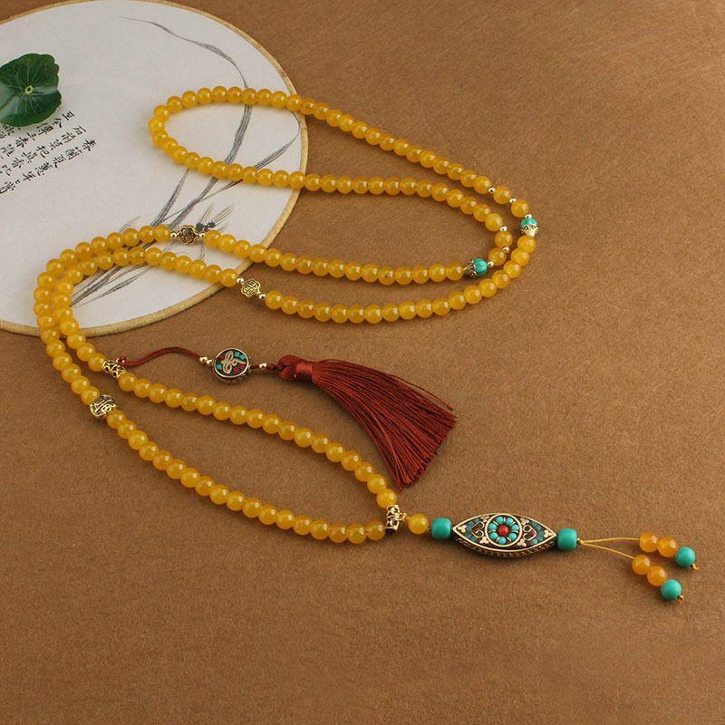 New Chinese Style Green Beaded Long Necklace for Women Ethnic Sweater Chain Retro Cheongsam National Style Crossbody Chain Ornament