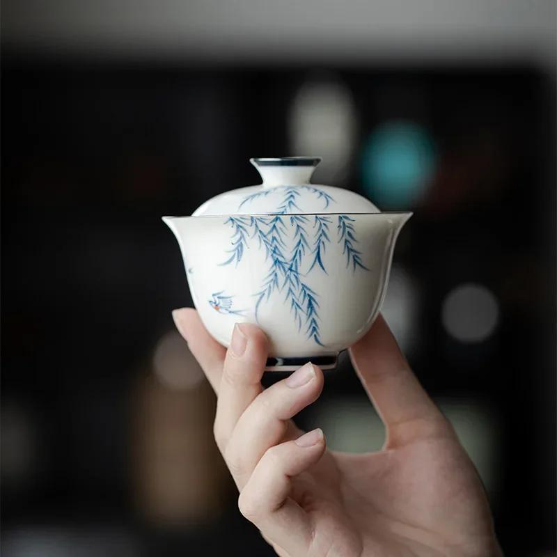 Hand Painted Willow Birds Jade Porcelain Gaiwan For Tea Tureen Teaware Cup Chinese Tea Bowls Chawan Tea Ceramony Kung Fu Tea Set