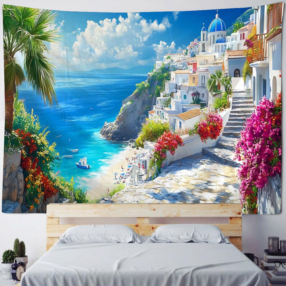 Schöne Küstenlandschaft Wandteppich Hängend Traumhafter Schloss-Wandteppich Haus Schlafzimmer Hängendes Tuch, Strand Picknickmatte Yogamatten