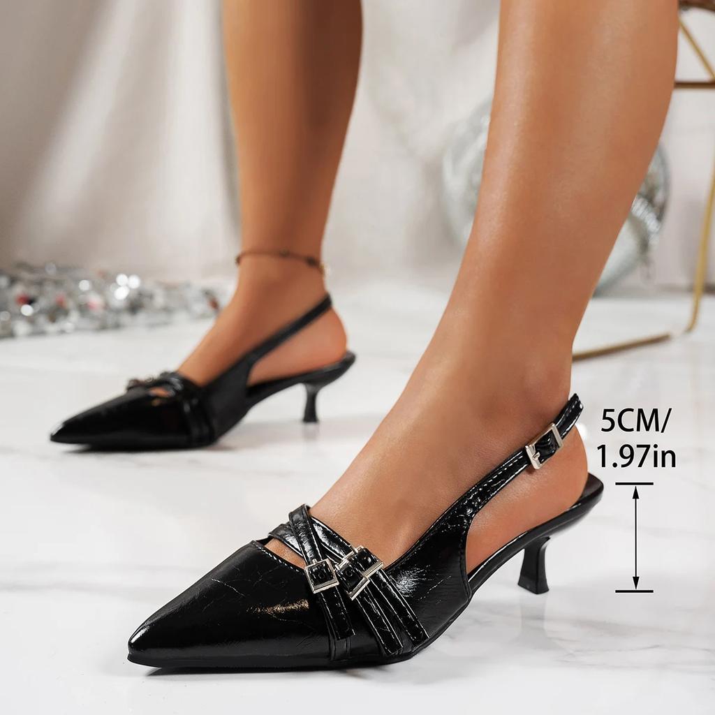 2025 New Summer Women's Dress Shoes Patent Leather Slip on Pointed Toe Sandals Buckle Slingbacks Heels Pumps Sandalias
