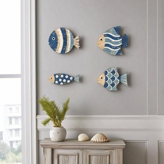 Ocean Themed Bathroom Decorations 4Pcs/Set Wooden Fish Wall Decor, Coastal Style Art, Distressed Handcrafted Art Rustic Blue Ornaments for Beach House