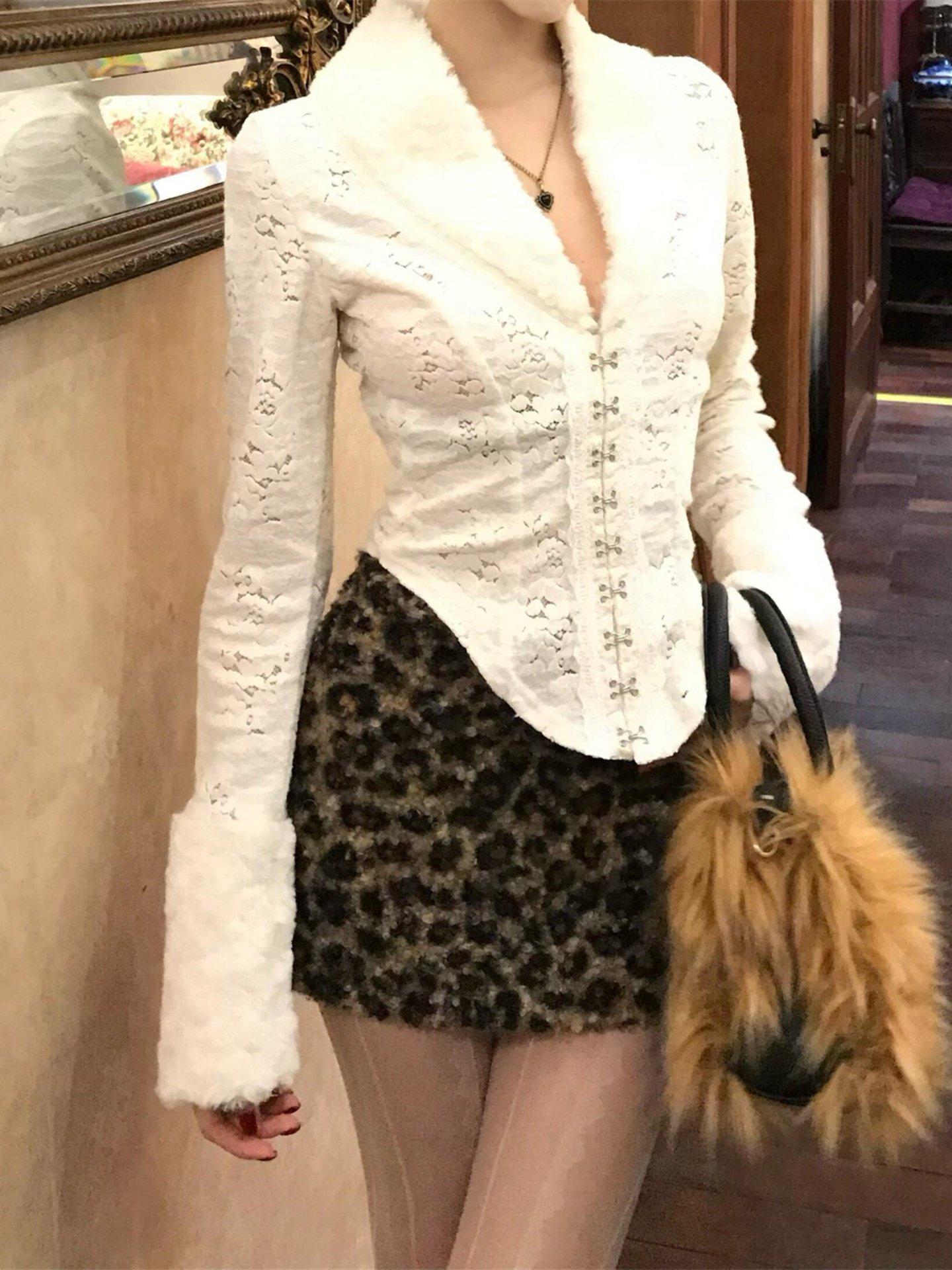 Plus Size Women s Leopard Print Vintage Lambswool Bodycon Skirt for Spring/Autumn 2026 - Slim Fit, Hot New Style XL