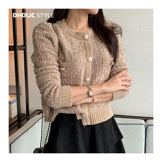 Boucle Tweed Pocket Knit Cardigan/p577164 Women s [CD] Tops Cardigan Long Sleeve Round Neck Boucle Tweed Pocket Knit Layering Feminine Going Out Mix