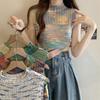 Summer French Chic Spicy Girl Rainbow Striped Knitted Small Tank Top Sleeveless Short Top for Women