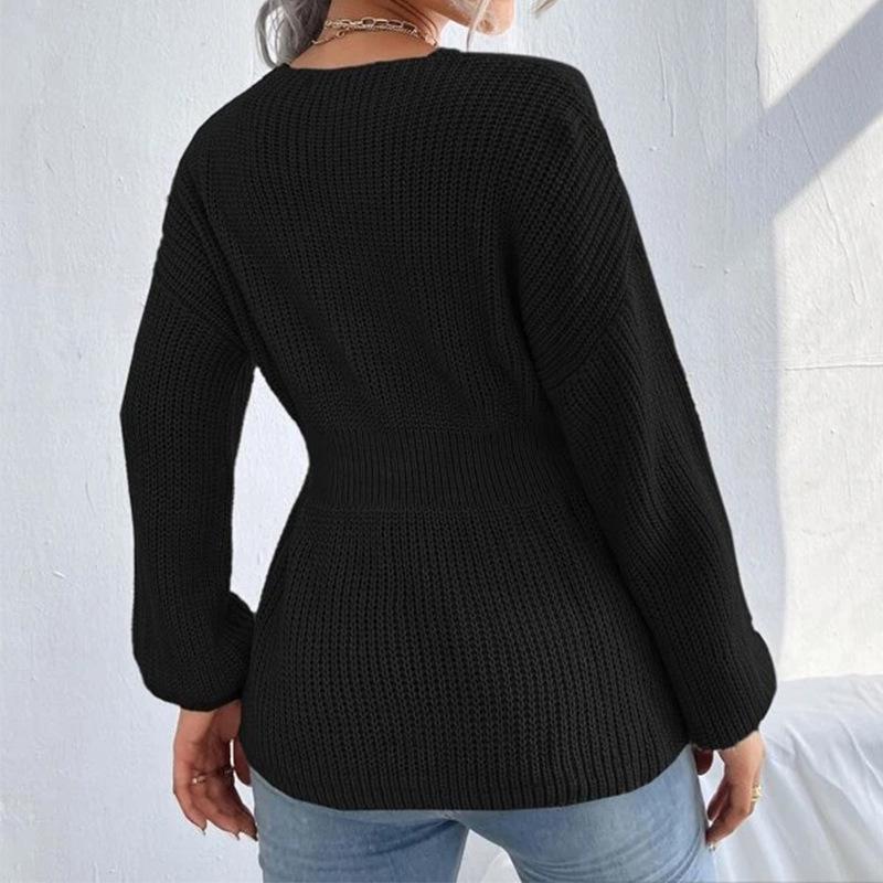Women's V-Neck Long-Sleeve Ruffle Waist Solid Color Pullover Sweater - European & American Fashion