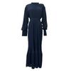 A-Line Evening Dress for Women with Pleated See-through Mesh Lantern Sleeves Stand Collar Tight Waist Ruffle Patchwork Long Maxi Dress