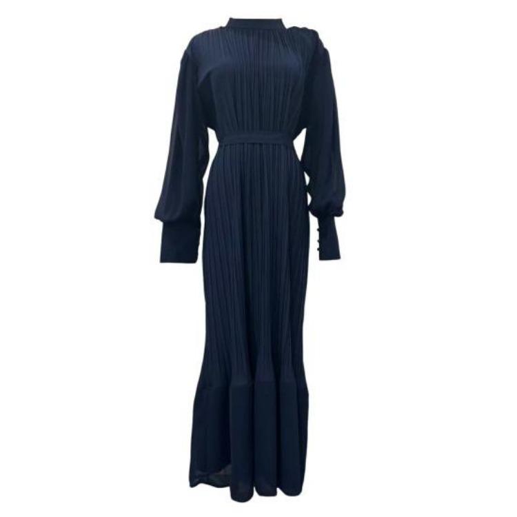 A-Line Evening Dress for Women with Pleated See-through Mesh Lantern Sleeves Stand Collar Tight Waist Ruffle Patchwork Long Maxi Dress