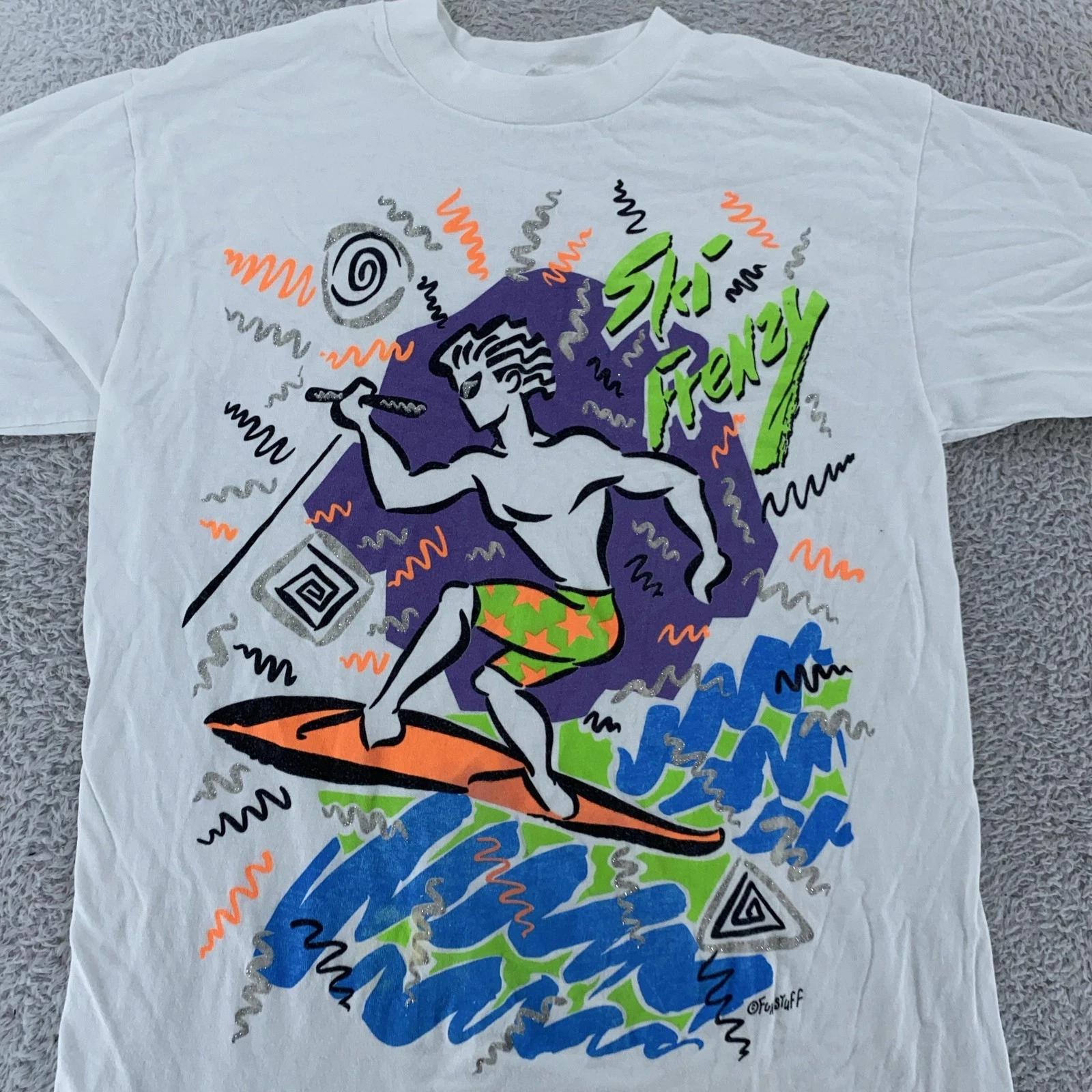 

Vintage Ski Frenzy Surf T-Shirt Mens S/M Neon Art Jet Beach Graphic 90s USA 3XL