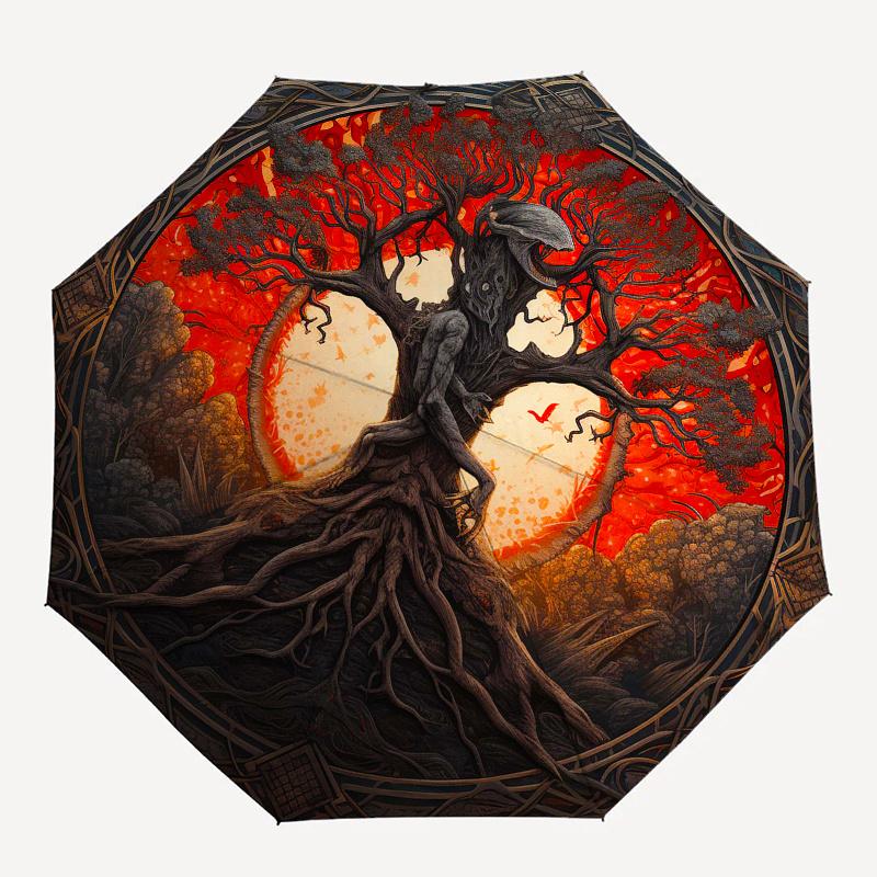 Enchanted Forest Tree of Life Circular Wall Art Print Umbrella, Cute Umbrella with Cute Design, Portable 3-Fold Compact Umbrella for Men & Women, Vale