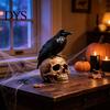 Creepy Gothic Accents Halloween Skull Figurine, Realistic Human Head Statue, Crow on Statue Sculpture for Home Tabletop Mantel Decor Decorations