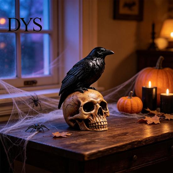 Creepy Gothic Accents Halloween Skull Figurine, Realistic Human Head Statue, Crow on Statue Sculpture for Home Tabletop Mantel Decor Decorations