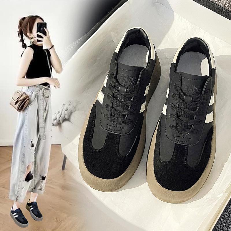 

Кожаные кеды женские 2025 весна и осень новые на толстой подошве немецкие тренировочные туфли повседневные универсальные спортивные белые туфли повседневная обувь 40 чёрный