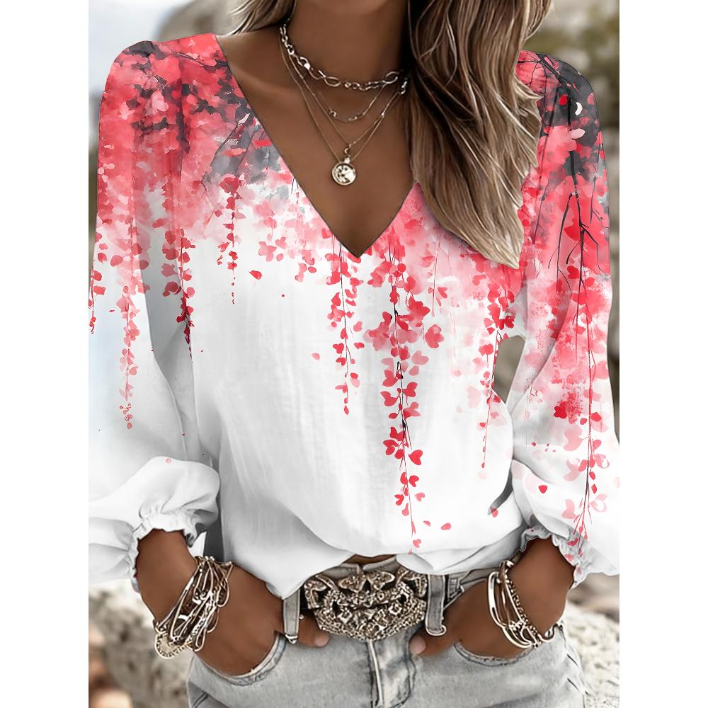 Women s fashionable retro floral pattern V-neck shirt, suitable for romantic date occasions and elegant daily outings, fashionable women s top S