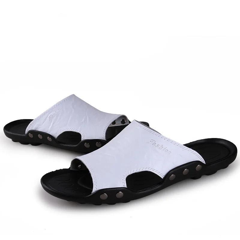 Fashion Big Size Men Slippers Summer Fashion Genuine Leather Casual Slides Street Fashion Beach Shoes Black Cow Leather Sandals