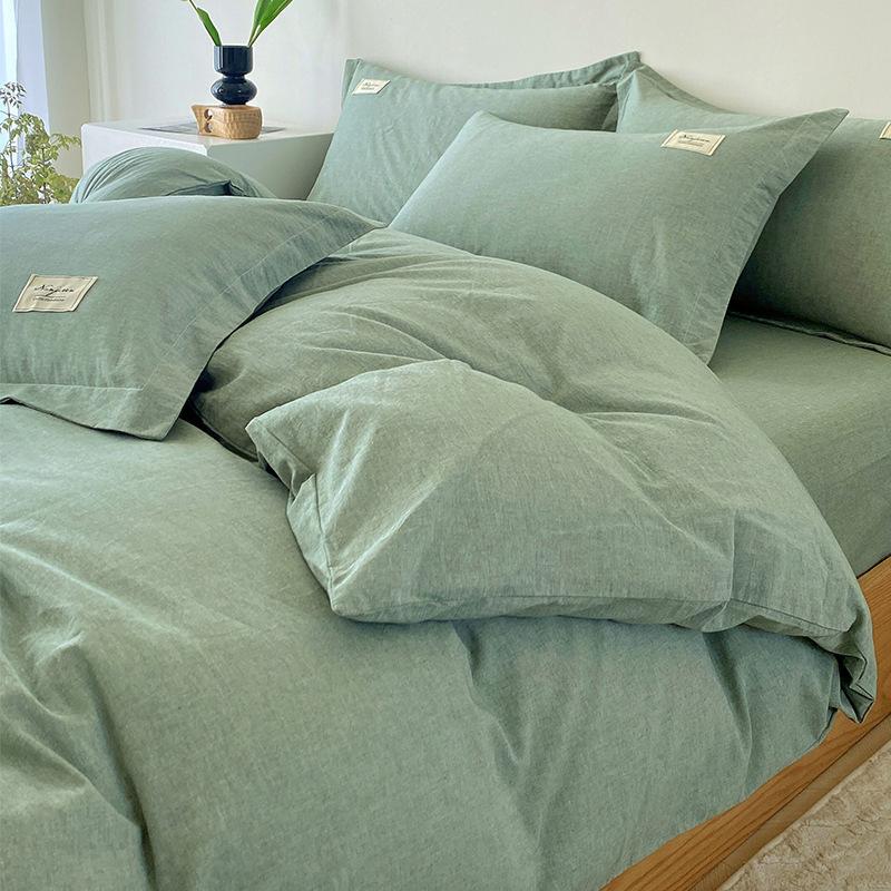 Unbedrucktes, vierteiliges, dreiteiliges, gewaschenes Bettbezug-Bettwäscheset im japanischen Stil mit kariertem Bettbezug