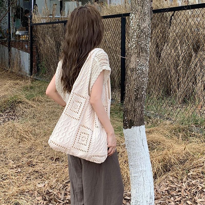 IELGY Damen Stricktasche, Vintage Hohle Handgestrickte Schulterwolle Tasche