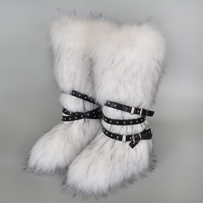 Damen Winterimitat Fuchsfell Stiefel Gürtel Punk Europäisch und Amerikanisch hoher Schaft 40 langer Schaft Schneestiefel Schuhe