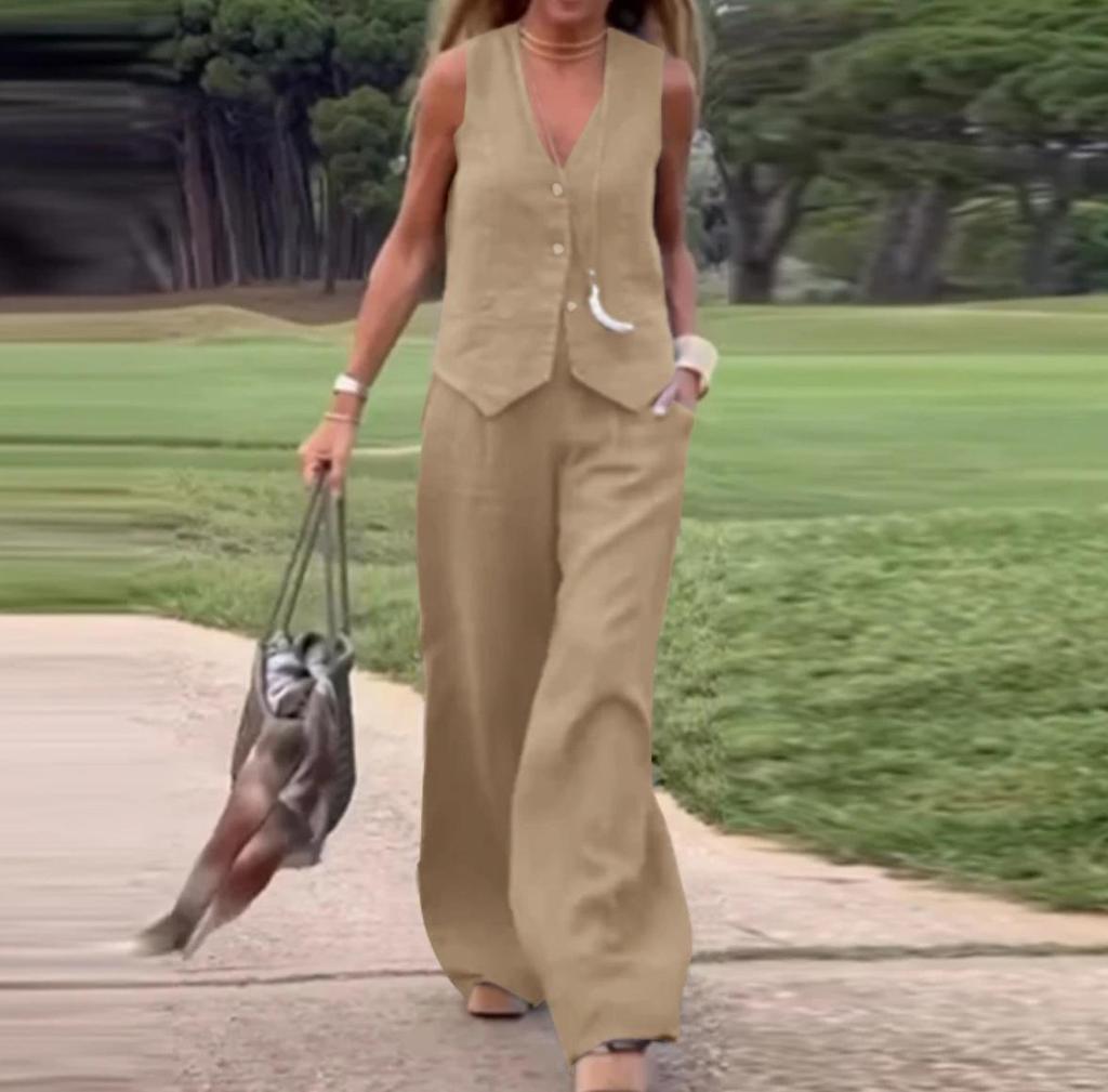 2025 Women's Fashion: European & American Solid Color Vest and Long Pants Two-Piece Casual Set