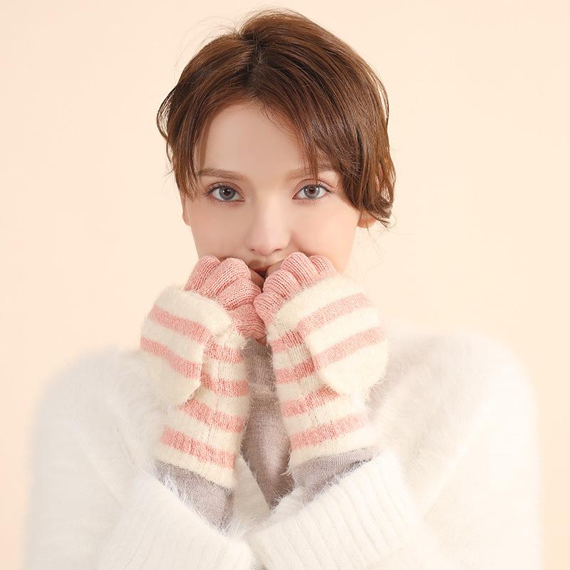 Autumn and Winter Couple Gloves Men and Women Thick Imitation Cashmere Gloves Women Striped Half Finger Gloves Touch Screen Two Fingers Office Writing