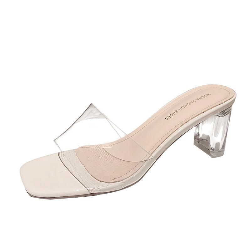 One-word Slippers Women's Summer Outer Wear 2025 Square Head Crystal Thick Heel Transparent Sexy High Heels 832-1 Crystal High Heel