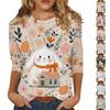 Tricou Casual Modern pentru Femei cu Imprimeu Iepuraș și Ouă de Paște, Gât Rotund, Mânecă Trei Sferturi