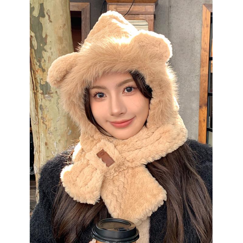 Fashion Hat Winter Women Bear Ear Scarf Hat Winter Warm Ear Protection Hat Cold-Proof Thickened Fur Caps Plush Hat Scarf Set