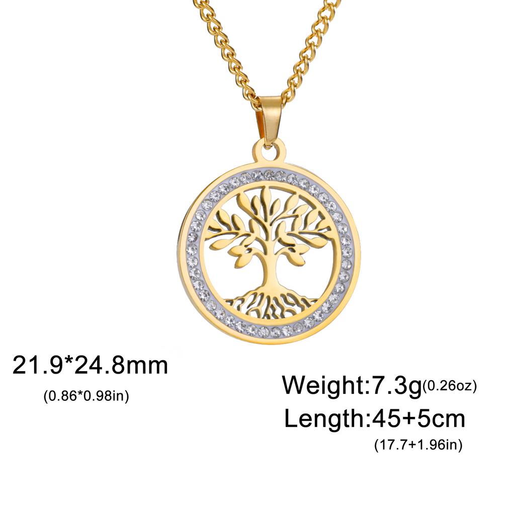 Tree of Life Clear Zircon Round Pendant Necklace Women Stainless Steel Gold Color Neck Chains Luxury Jewelry Wedding Gift