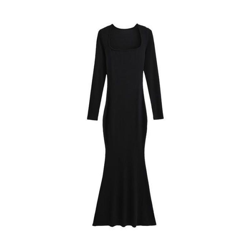 Women's Fleece-Lined Long Fishtail Dress - Pure & Sexy Style, Slimming Square Neck, Perfect for Autumn/Winter.