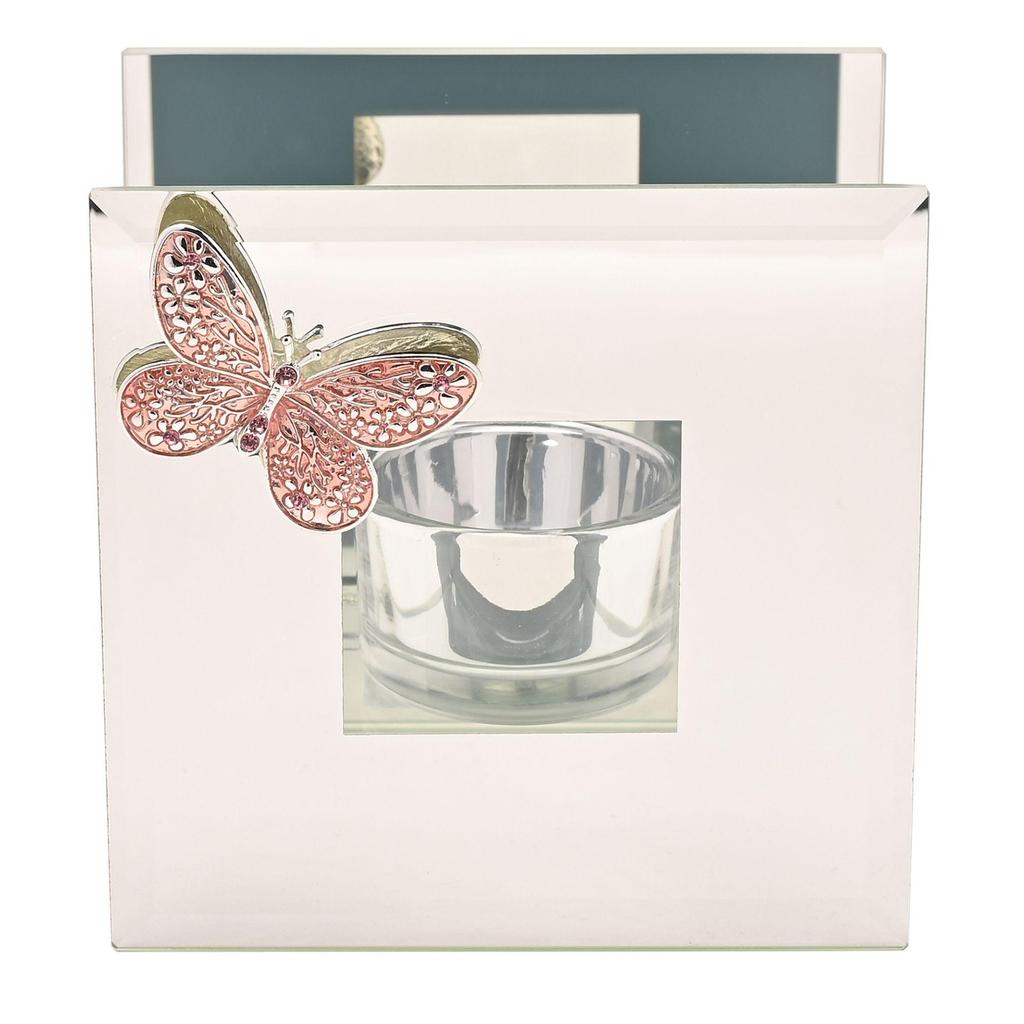 Sophia Pink Butterfly Glass Single Tea Light Holder