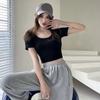 Kvinner Crop Top Firkantet Neck Slim Fit Kortermet Ensfarget Uformell Tee T-skjorte Workout Yoga Top Base Shirt