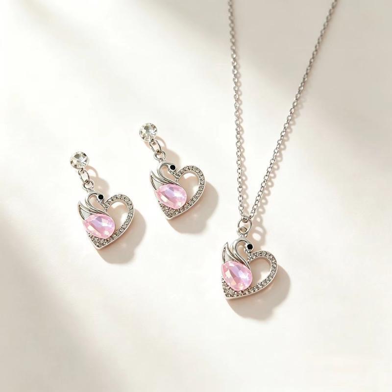 Tone Swan Necklace Earrings Set With Crystal Sparkling Rhinestones For Women Daily Wear Date Party Gifts