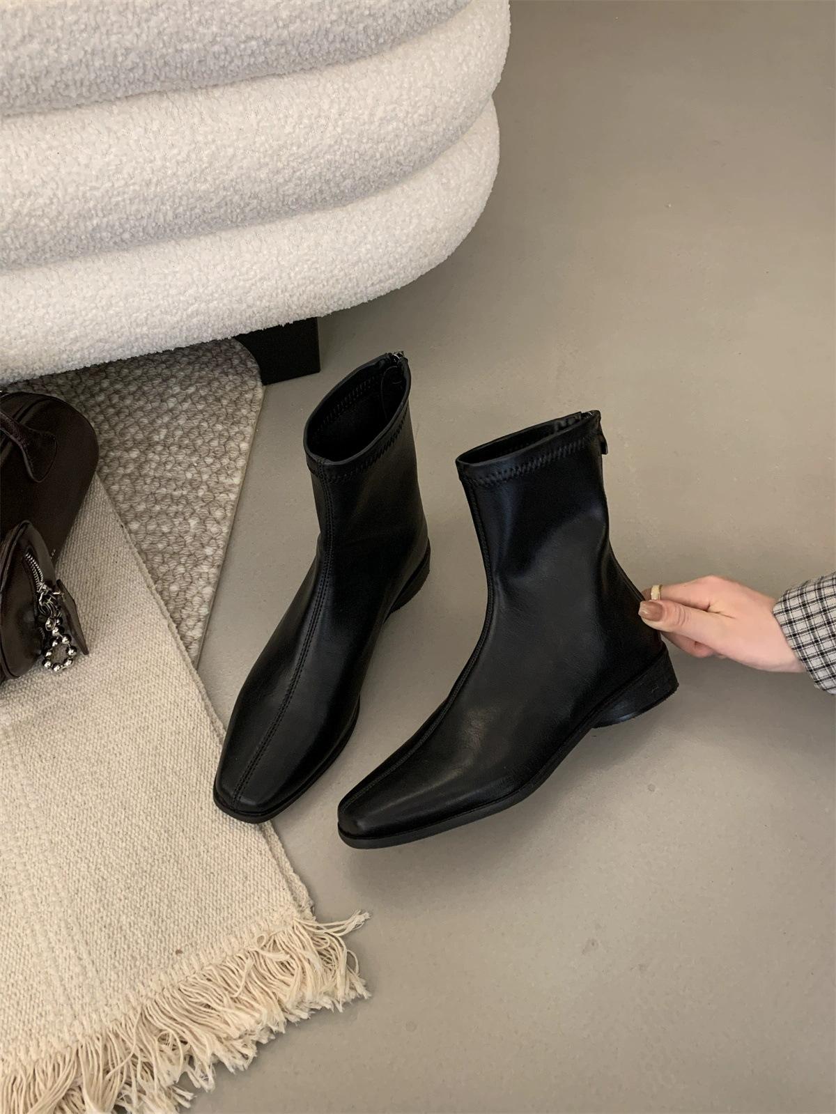 

2026 Woman Autumn Ankle Boots for Women Chunky Heel Zipper Ladies Leather Shoes Soild Color Square Toe Short Botas Femininas 35 чорний