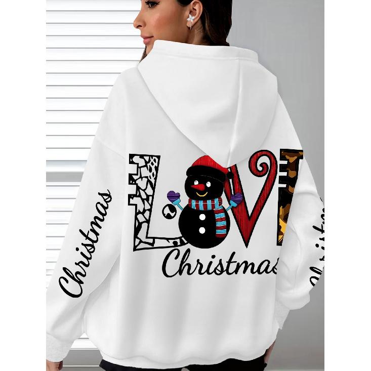 Christmas Hoodie Women, Snowman Print, Long Sleeve, Kangaroo Pocket, Drawstring, Casual Pullover, LOVE Christmas
