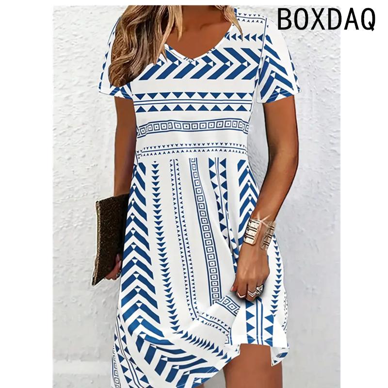 Women Dress Summer Short Sleeve O-Neck Casual Loose A-Line Dress Big Size 3D Striped Printing Elegant Vintage Dresses