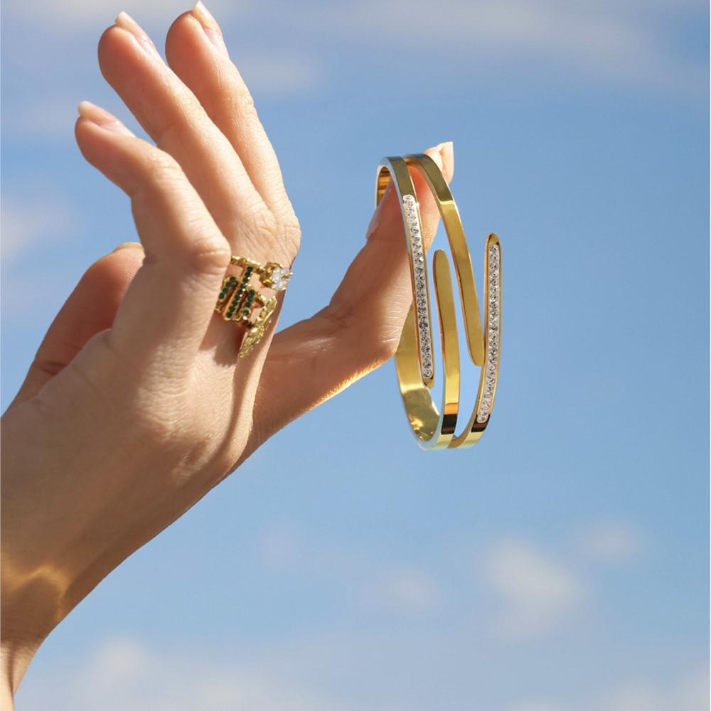 Openable Forked Bracelet Bangle In Stainless Steel 18k Gold Plated With Shiny Rhinestone Minimalist Bracelets Bangles For Women