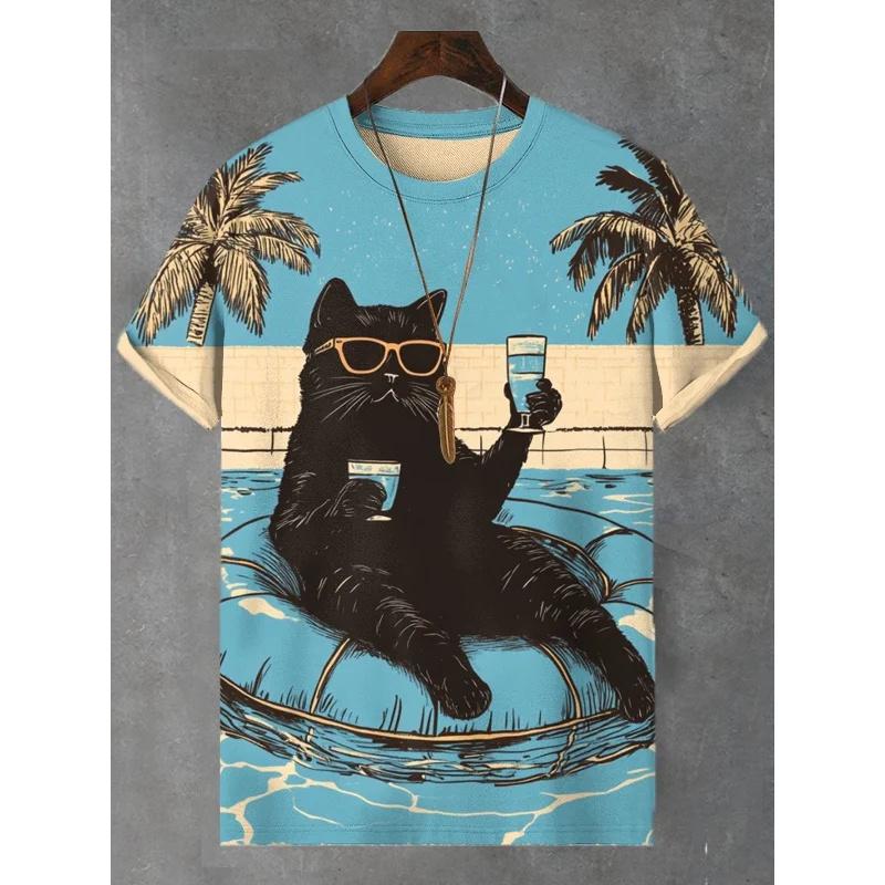 Swimming Sunglasses Cat Graphic T-Shirt For Men Water City 3D Print Tees Summer Round Neck Tops Oversized Short Sleeve T Shirts