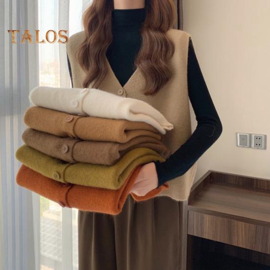 Jesień Zima Damska Kamizelka Dekolt w Serek Zapinana Na Guziki Jednolity Kolor Luźna Dzianina Gruba Utrzymuje Ciepło Bez Rękawów Luźny Sweter Top