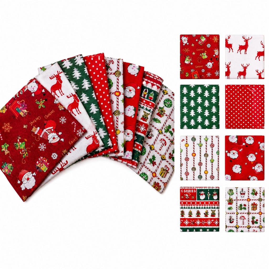 8 Christmas Print Fabric Squares for DIY Crafts, Quilting, Patchwork and Sewing, Assorted Random Patterns