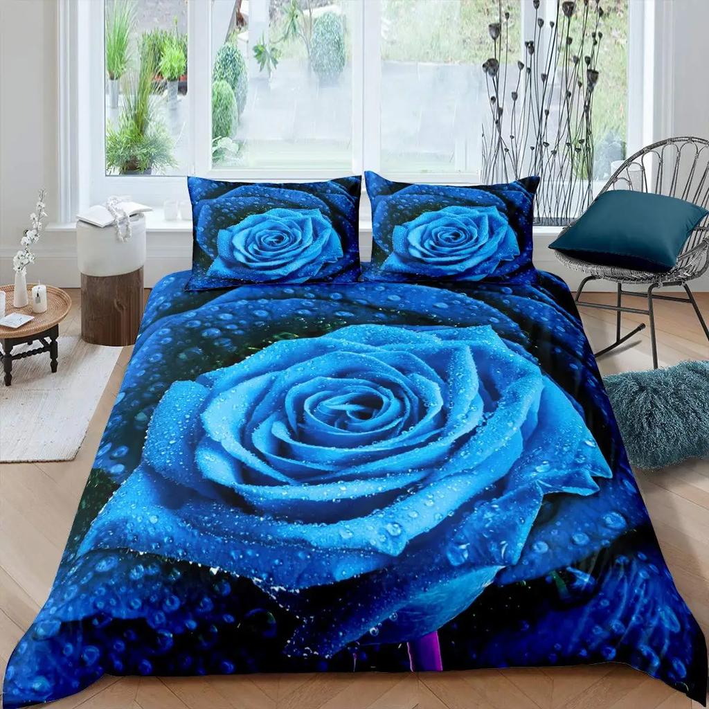 Comforter Blue Rose Floral Flowers Bedding Set Boys Girls Twin Queen Size Bed Kids Adult Fashion Home Textileextile