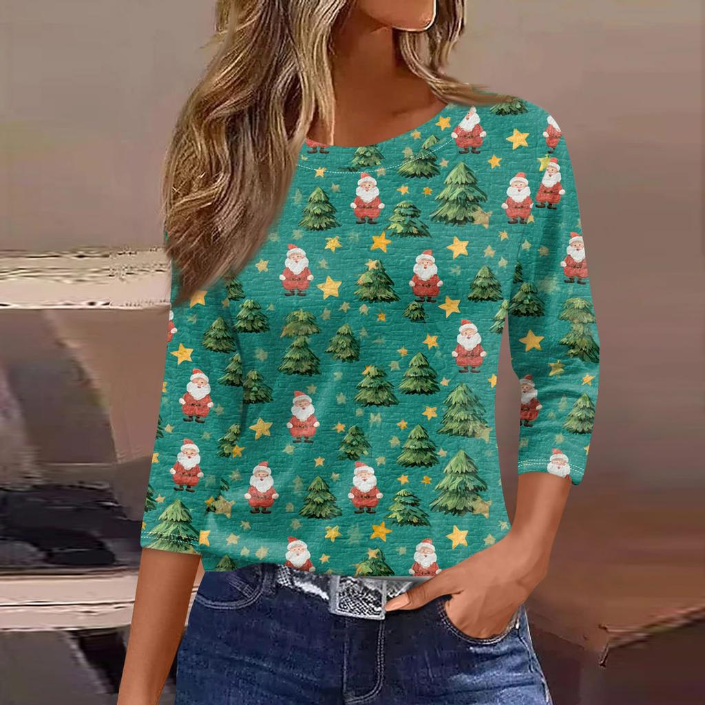 Women's Fashionable Casual Three Quarter Sleeve Christmas Printed Round Neck Top