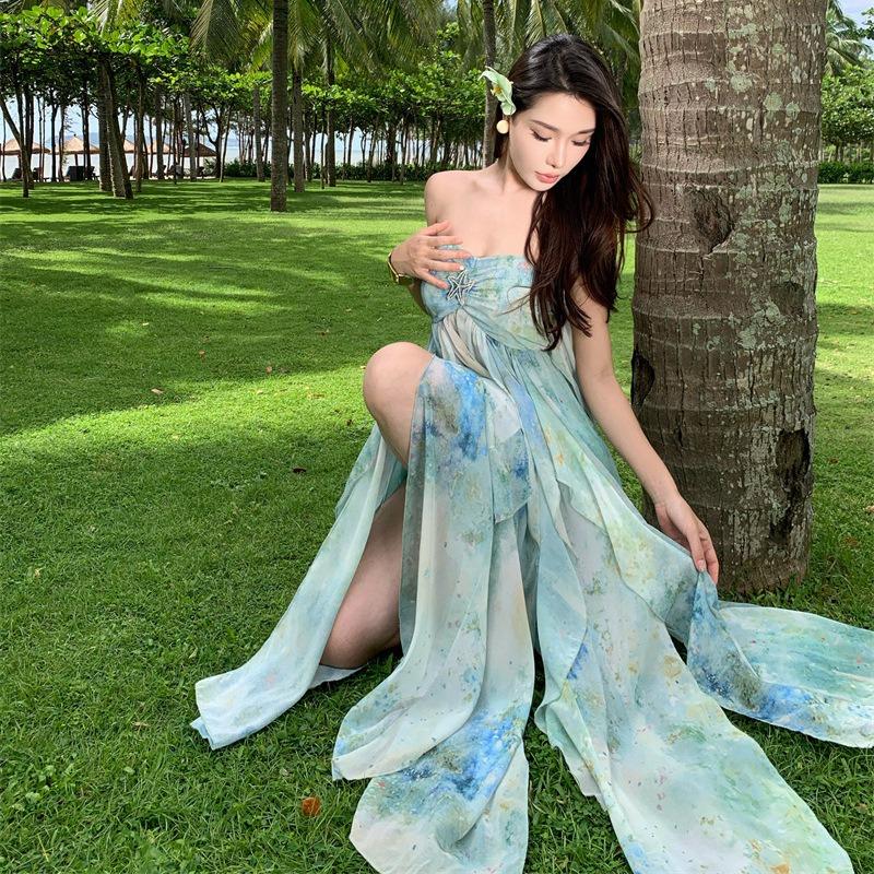 Meeresurlaub Dopamin Wear Unregelmäßiger Fleck Hosenträgerkleid Damen Sommer Fee Dünn Strandkleid