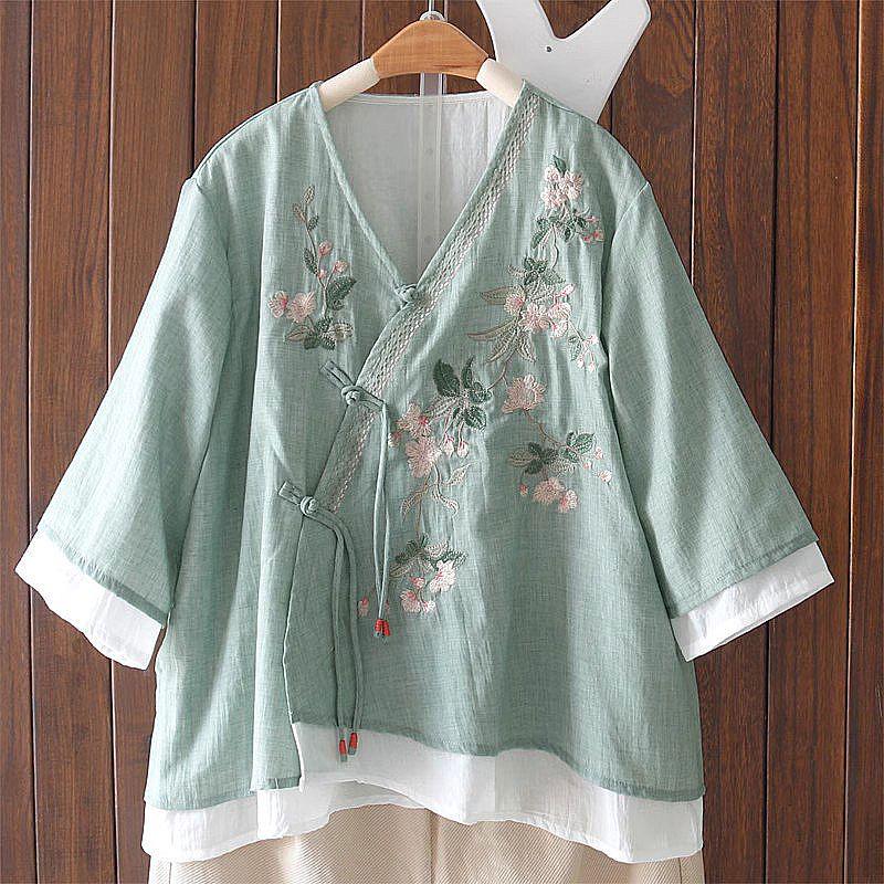 Women's Summer Embroidered V-Neck Cotton Linen Top - Ethnic Style with Asymmetrical Lapel and Frog Buttons