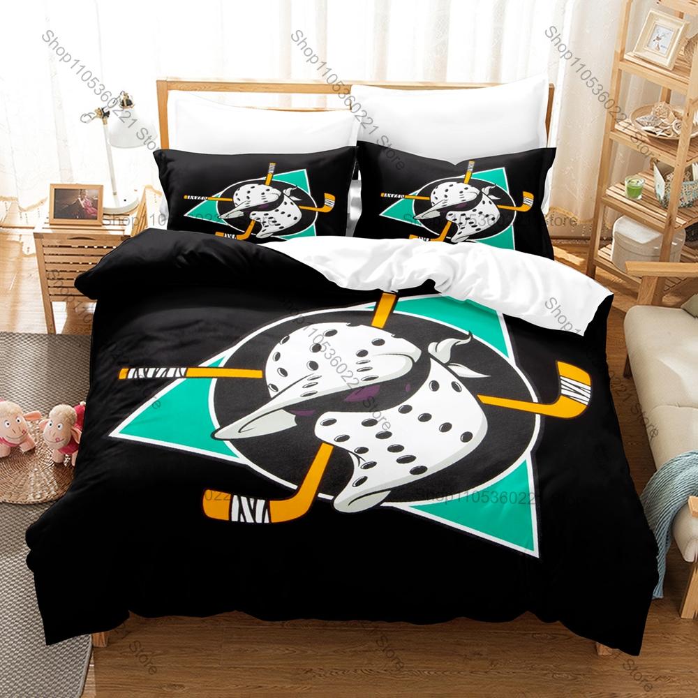 Ice Hockey Duck Bedding Set Duvet Cover + 2 Pillowcases Cute Cartoon Duck Ice Rink Sport Funny Animal Bedroom Decor