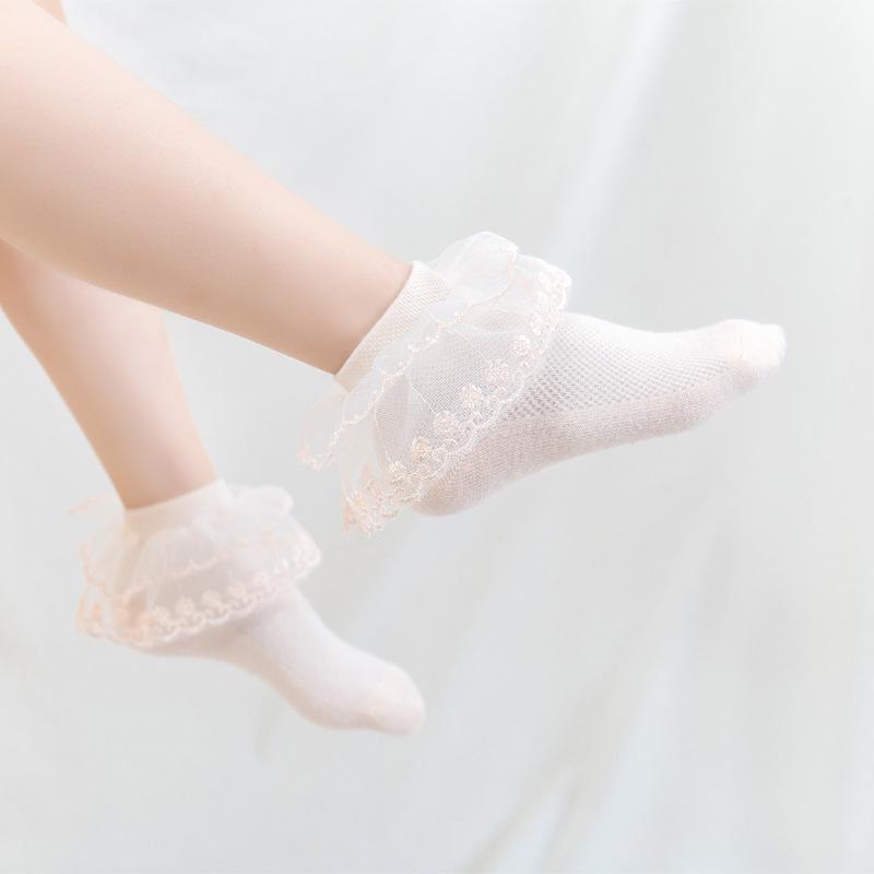 Lace Ruffled White Cotton Mesh Ankle Socks for Girls - Breathable and Ideal for Latin Dance and Princess Costumes M (28-32 shoe size, 4.5-6 years)