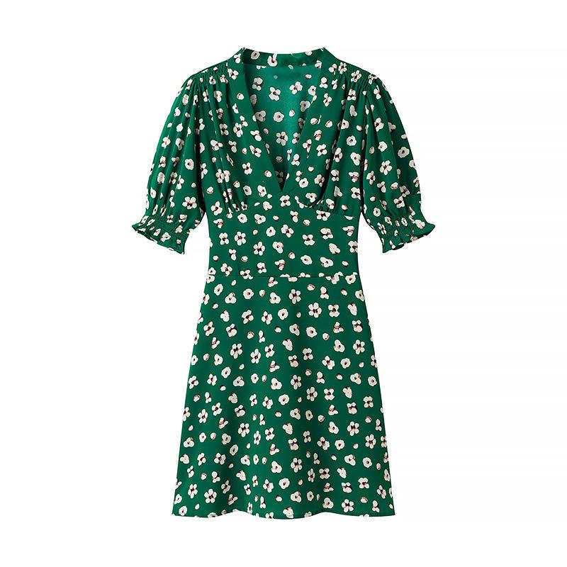 Spring New Women's Clothing European and American Style French Retro Fashion Short-sleeved Slim-fit Printed V-neck Dress