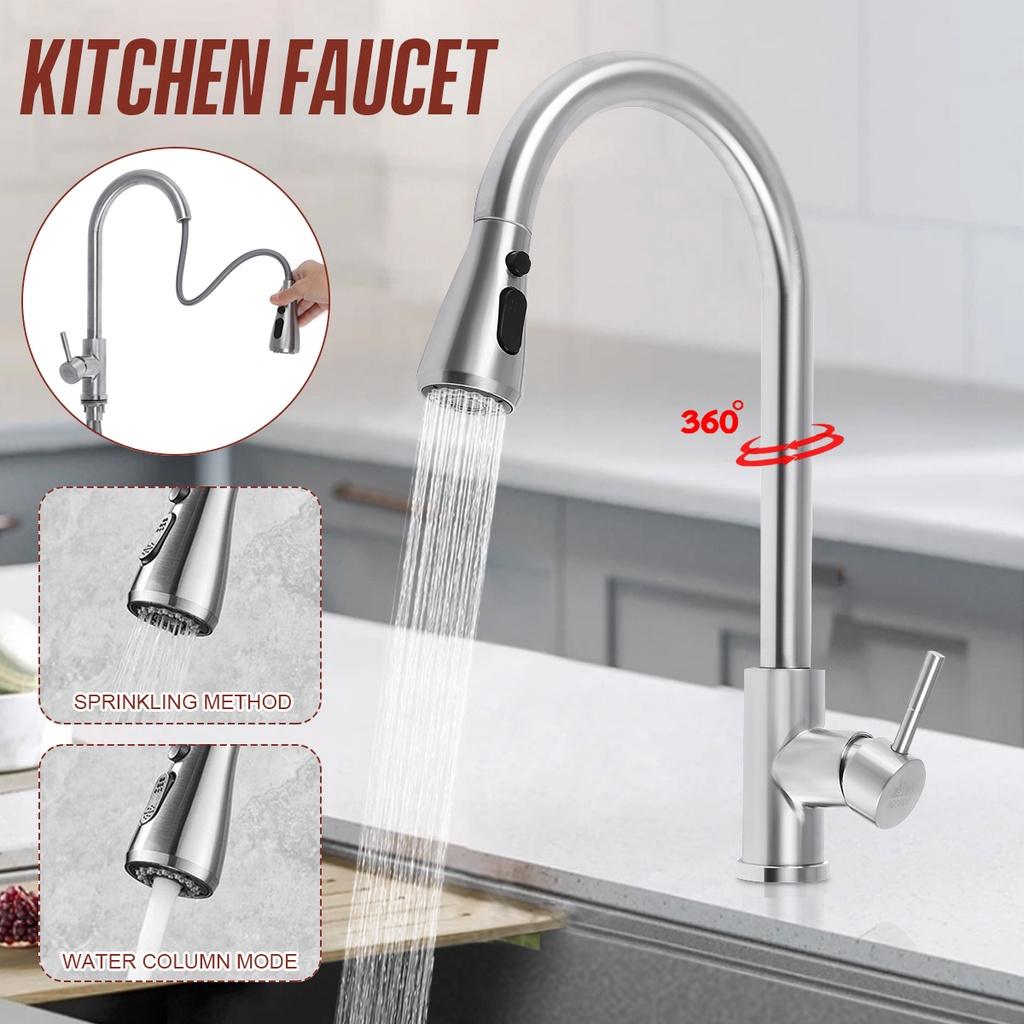 New Modern Kitchen Stainless steel Mixer Tap Sink Spray Pull-Out Faucet Swivel Spout Silvery